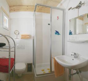 das untere Badezimmer mit Dusche und WC.